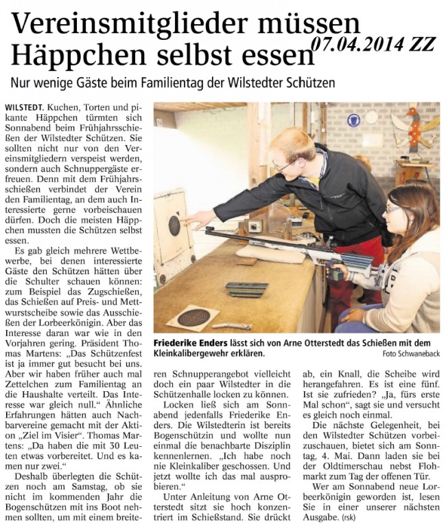 Bericht aus der Zevener Zeitung vom Fr&uuml;hjahrsschie&szlig;en 2014