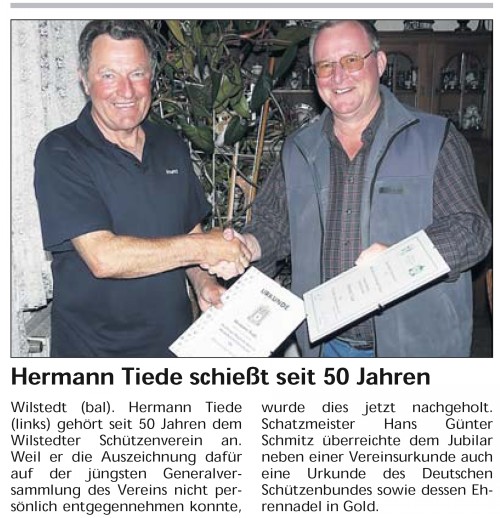Bericht &uuml;ber Hermann Tiede - 50 j&auml;hrige Mitgliedschaft im Wilstedter SV aus der Zevener Zeitung