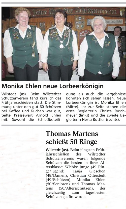 Bericht &uuml;ber die neue Lorbeerk&ouml;nigin vom Wilstedter SV aus der Zevener Zeitung