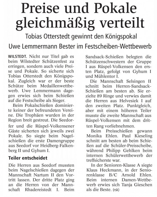 Bericht aus der Zevener Zeitung vom Wilstedter Sch&uuml;tzenfest 2013